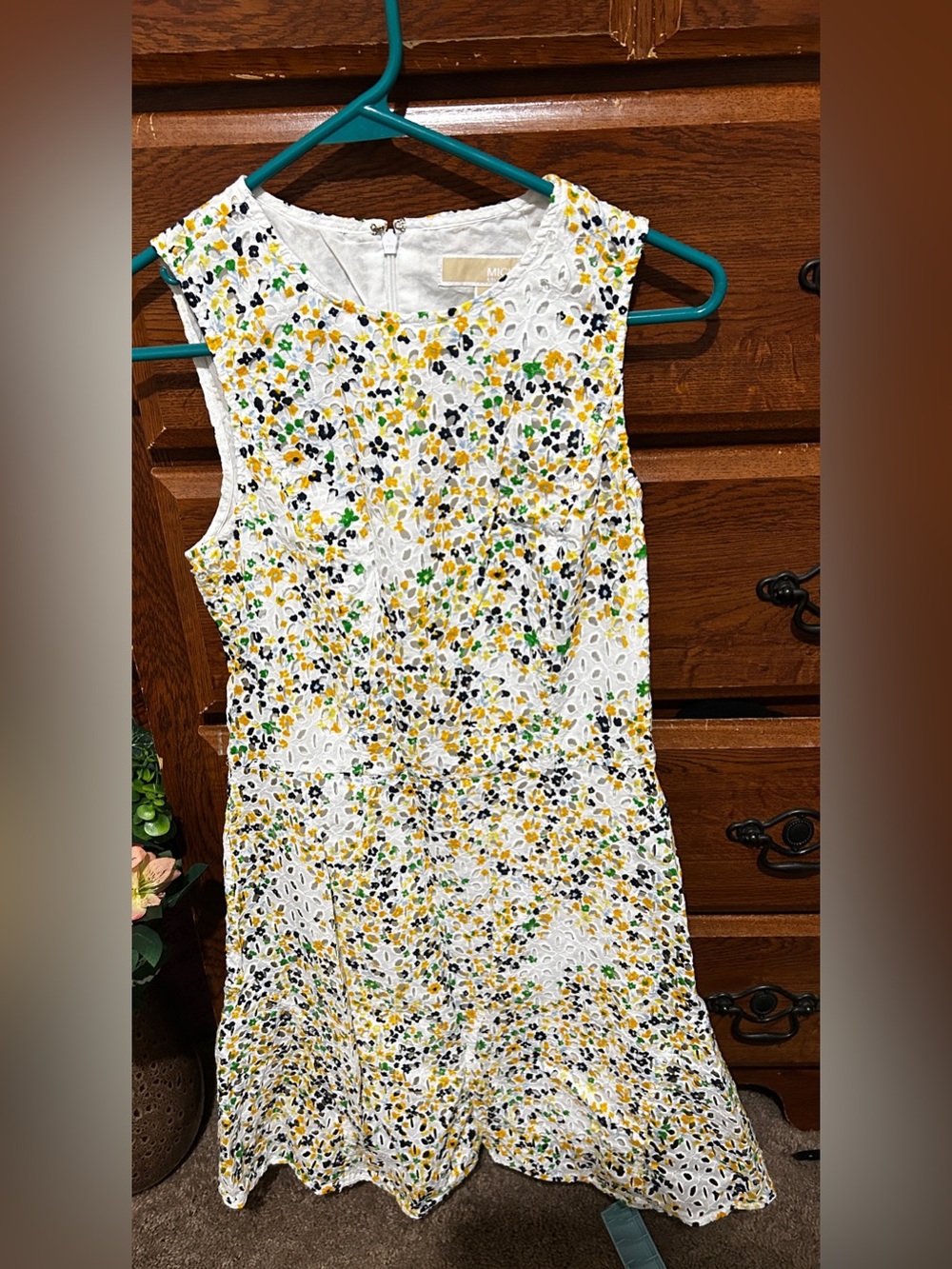 Michaels White Lace Dress with Yellow, Green & Black Floral Print